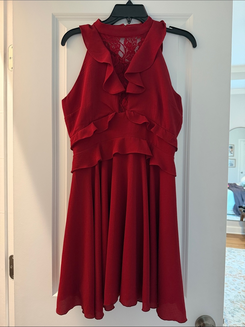BB Dakota Red Ruffle & Lace Halter Dress